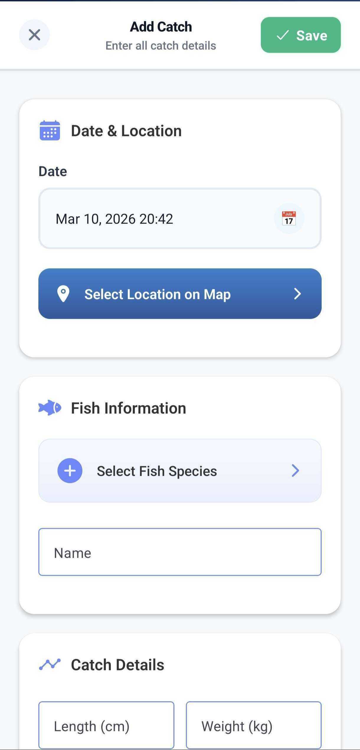 MyFishSpace catch logging screen