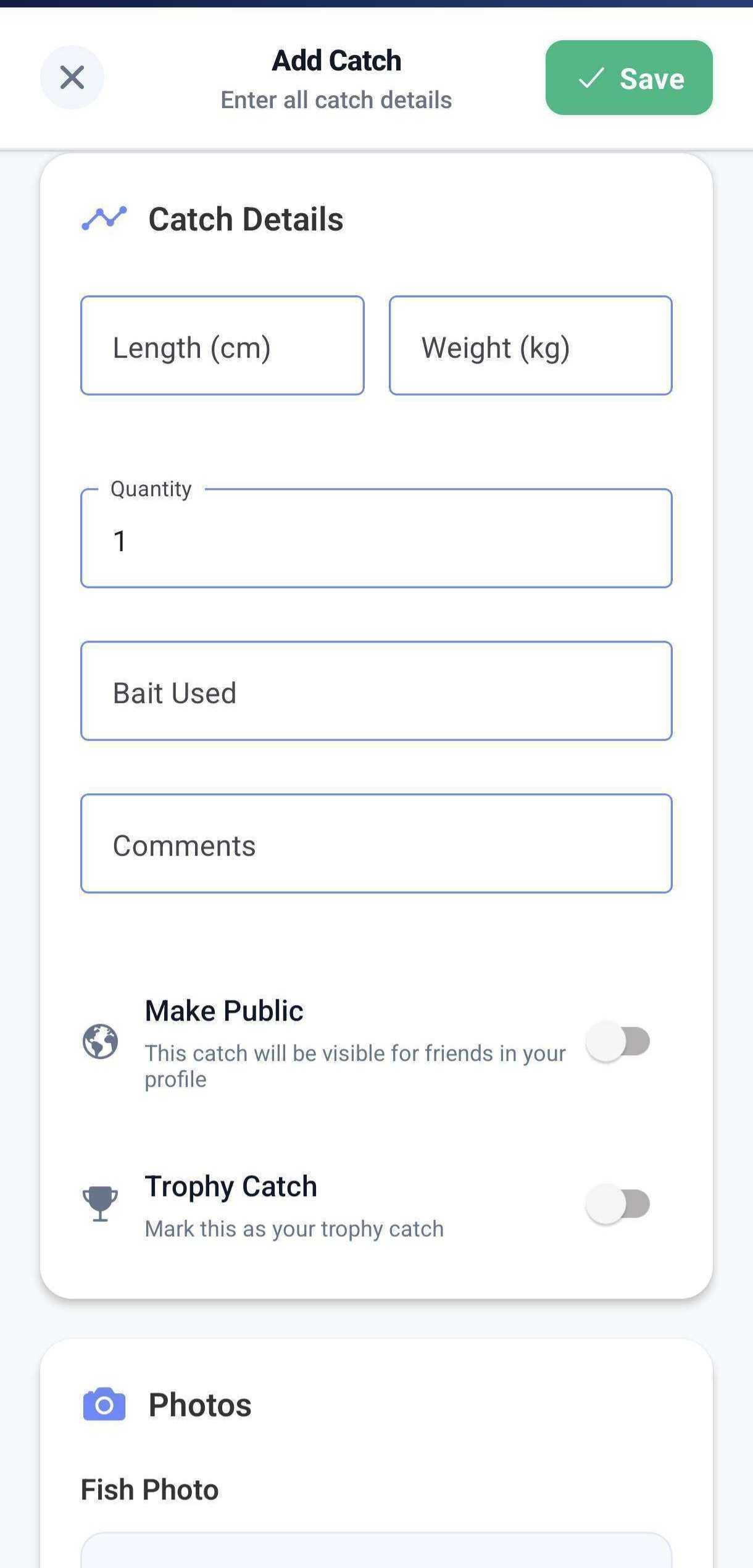 MyFishSpace add catch screen