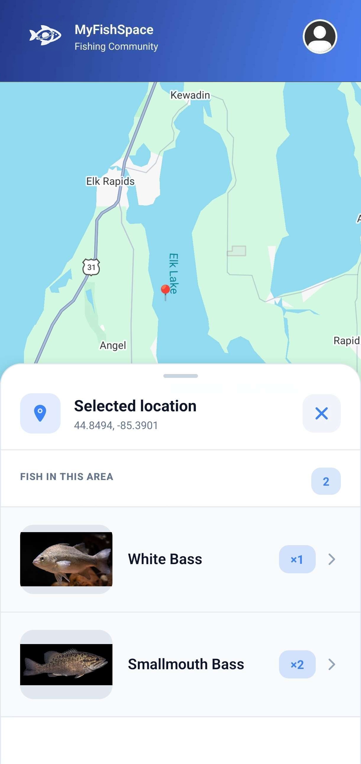 MyFishSpace find nearby catches screen